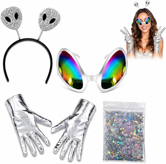 Hoofdband en Bril Handschoenen Set - Alien Feest Hoofdband, Regenboog Zilveren Bril en Handschoenen, Perfect voor Foto Props en Feestdecoratie voor Volwassenen