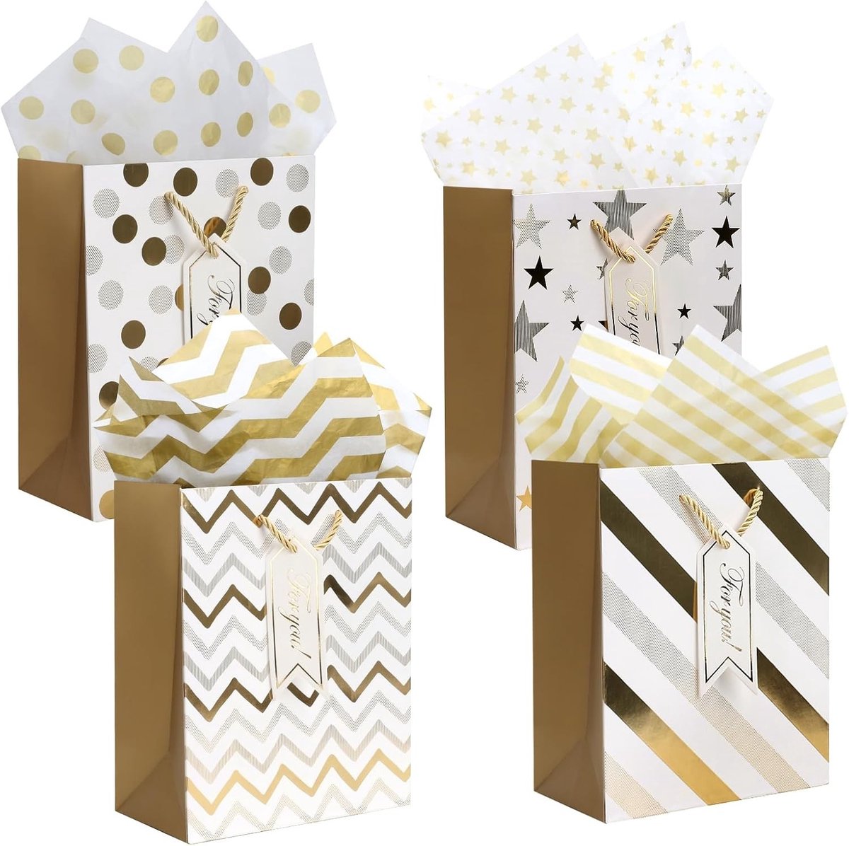 Set van 4 Cadeautassen met Handvat, Wit en Goud, Luxe Cadeautassen voor Verjaardagen en Feestjes