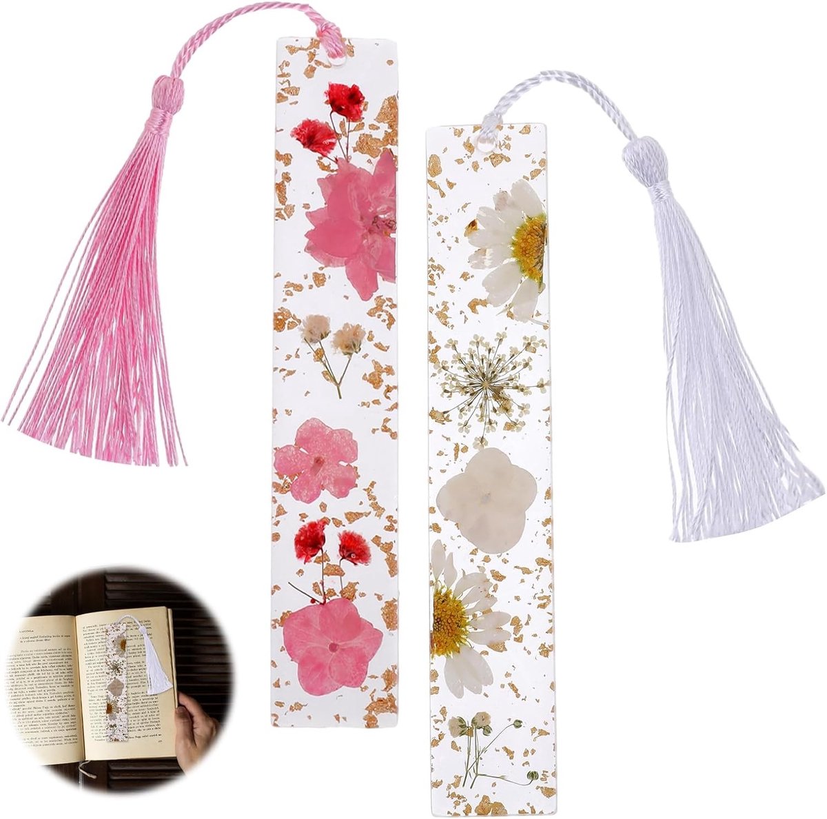 Handgemaakte Gedroogde Bloemen Boekenleggers met Kleurrijke Zijden Kwastjes - Duurzame Transparante Resin Pagina Markeerders voor Vrouwen en Meisjes, 2 Stuks