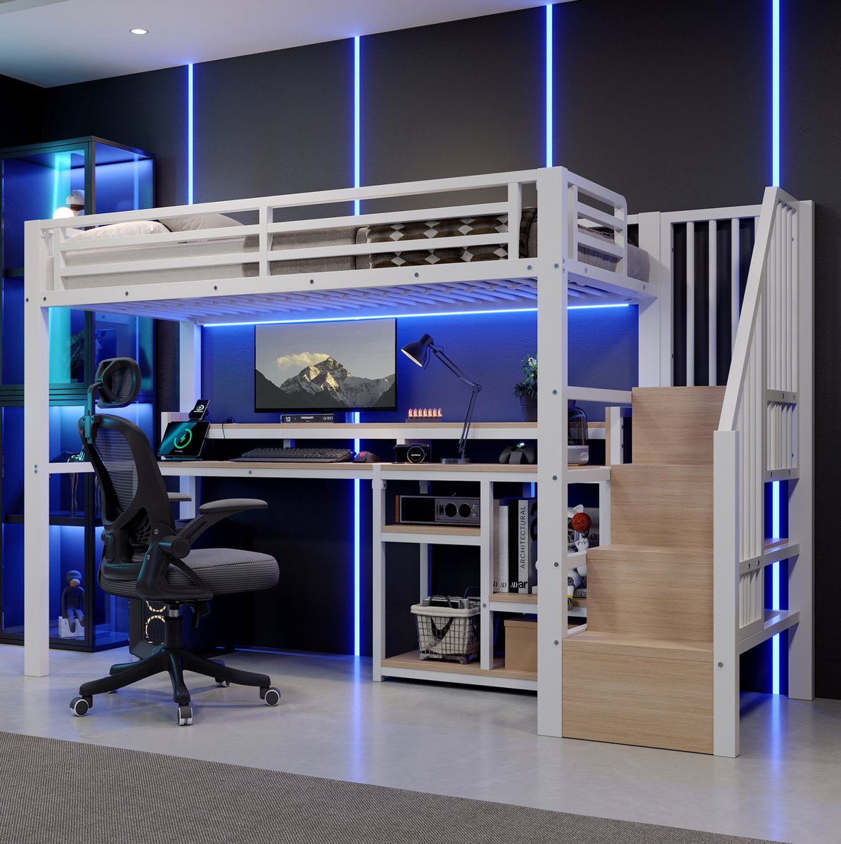 Wishdor Hoogslaper 90 x 200 cm - Met bureau en opbergruimte - Trap met kast - LED en USB - Metaal en MDF - Wit - Kinderkamer - 255,5 x 96 x 160,5 cm