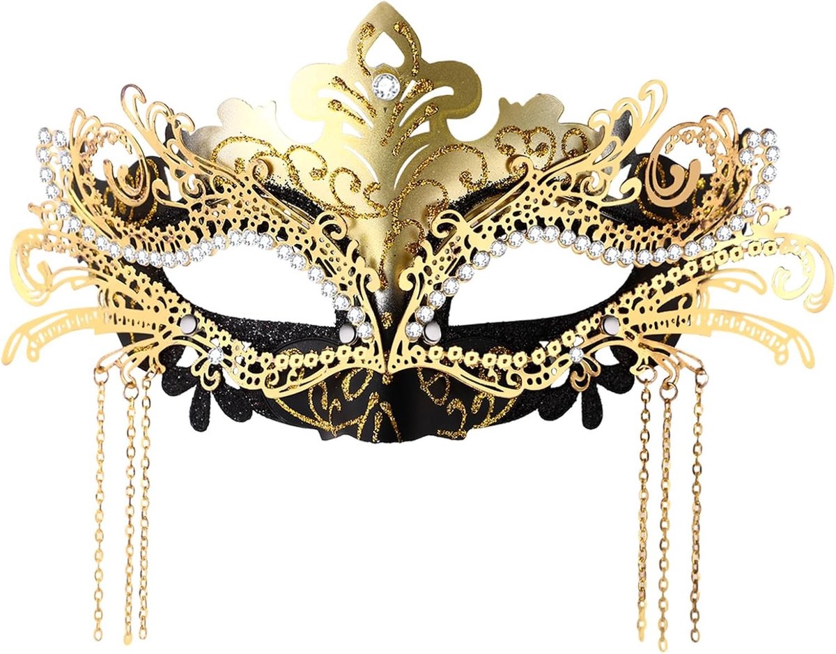 Vrouwelijk Verkleedmasker voor Carnaval en Halloween: Venetiaans Masker met Strass en Ketting voor Feestjes en Mardi Gras