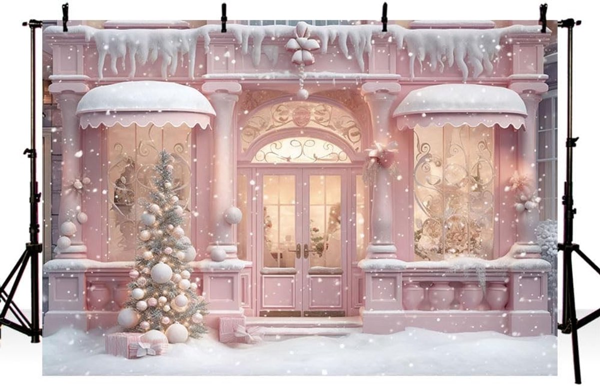 Kerst Achtergrond met Snoepwinkel, Sneeuw, Kerstboom en Roze Huis voor Kinderen en Familiefoto's - Fotografie Decor en Props 7x5ft