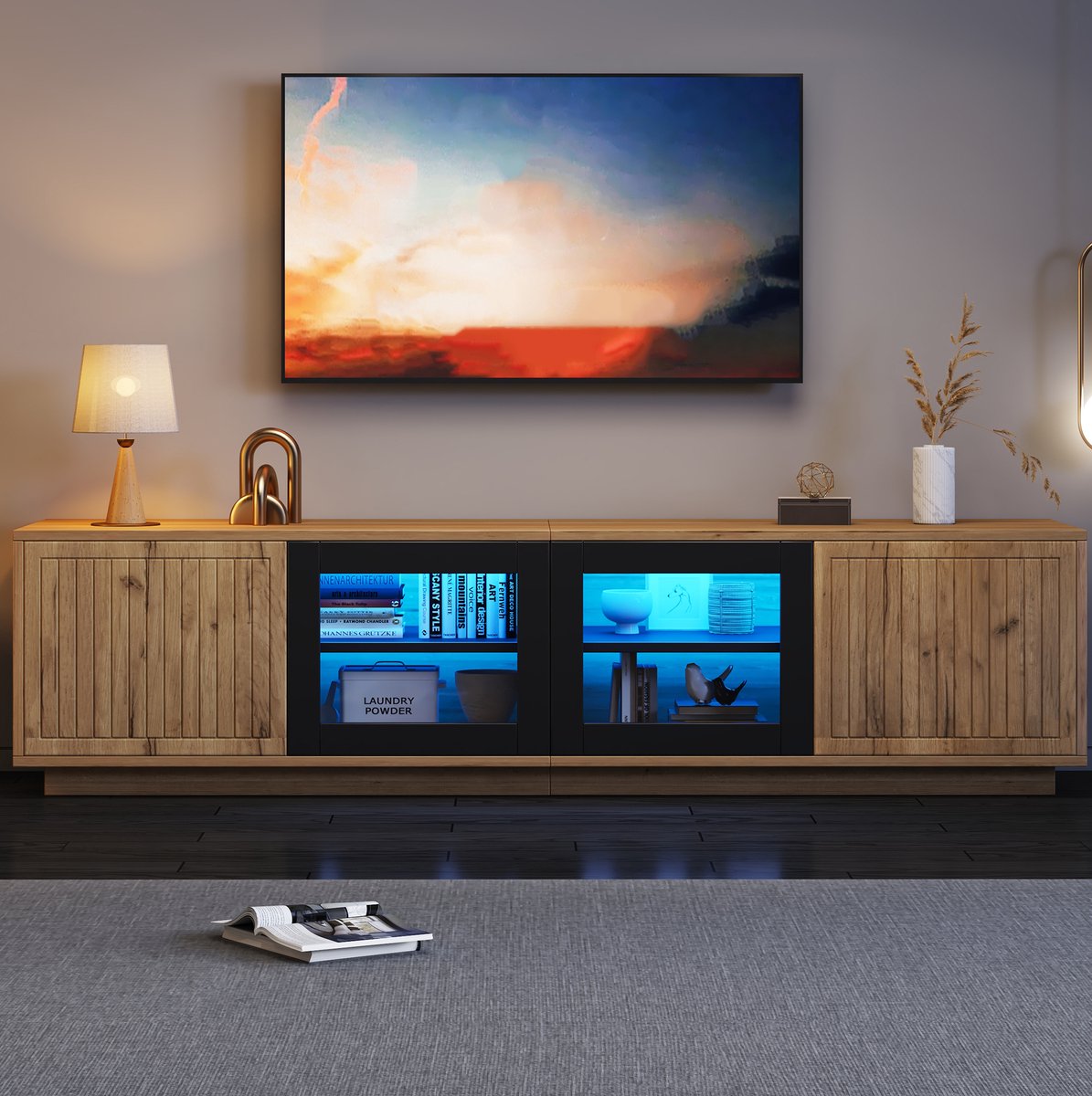 MODENUIT TV-Meubel - LED En Glazen Deuren - 75 Inch TV En Woonkamer - Spaanplaat - 180x40x45 cm - Naturel Zwart