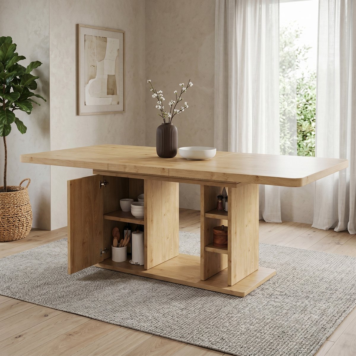 Wishdor Eettafel - Uitschuifbaar en met opbergruimte - Scandinavisch design - Voor 6-8 personen eetkamer gezin - MDF - Eikenkleur - 180 x 80 x 75 cm