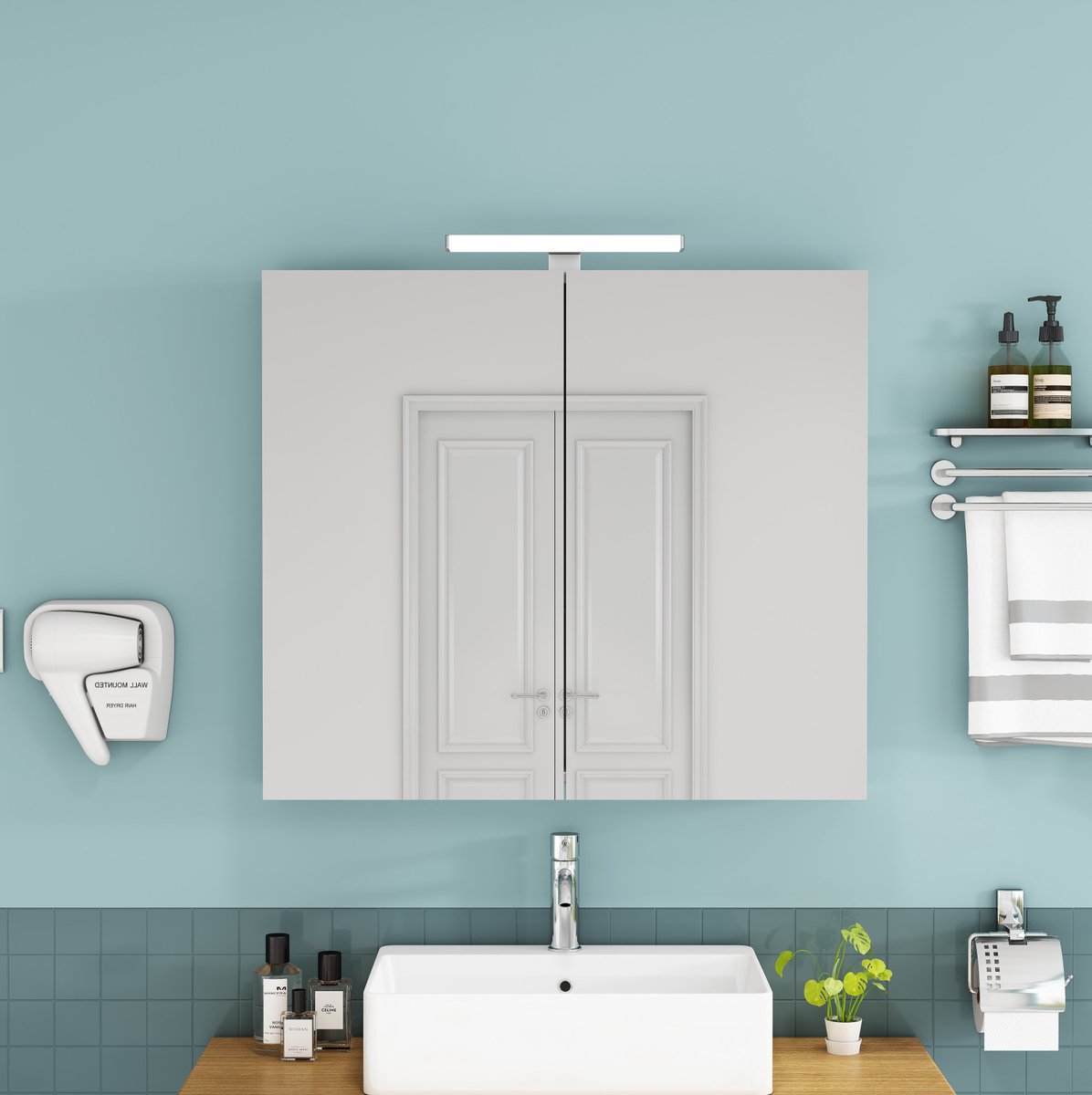 OKWISH Badkamerkast - Wandgemonteerde Spiegelkast Met 2 Deuren, Ledverlichting En Frans Stopcontact - Wit MDF En Glas - 80x16x70 cm