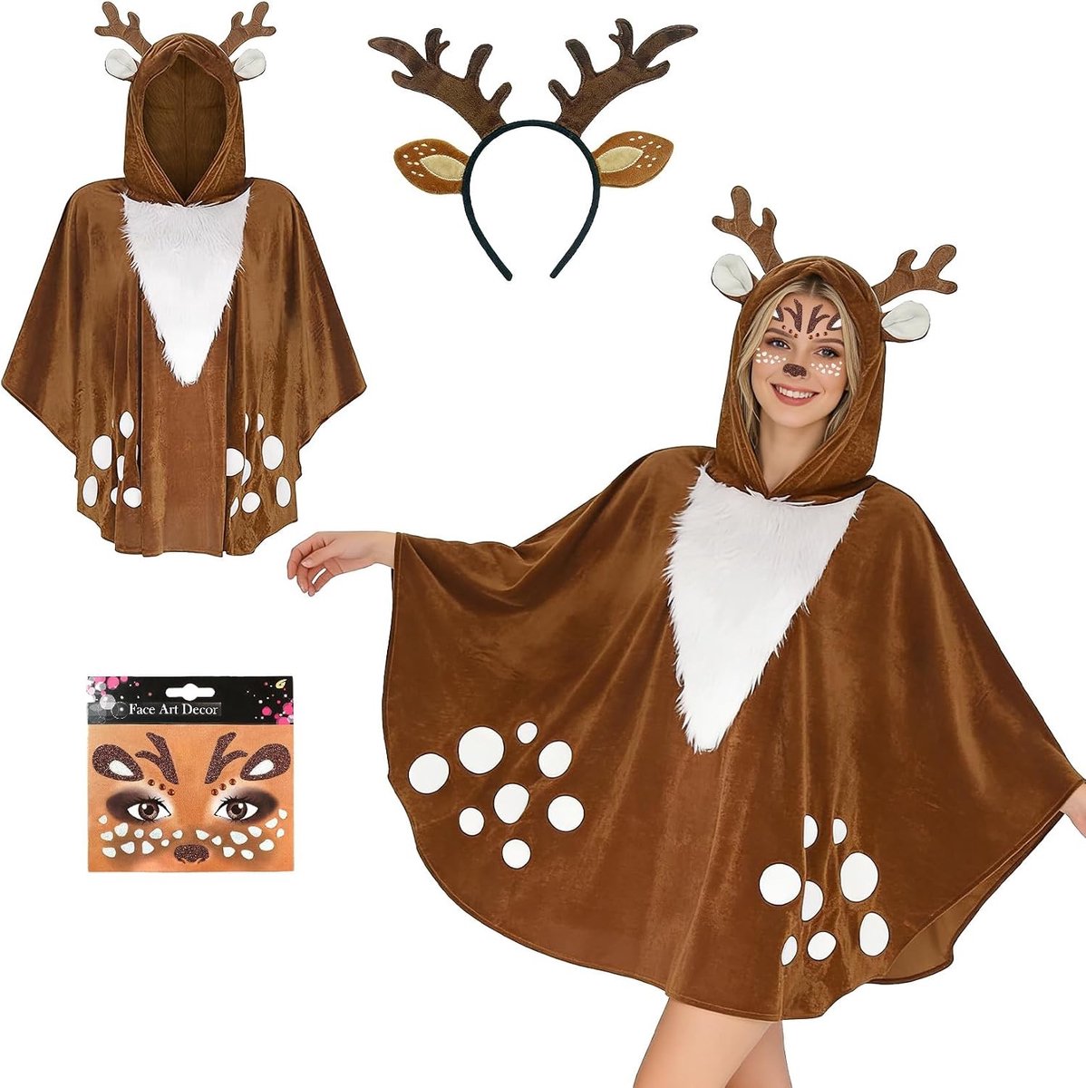 Dames Rendier Kostuum met Oren, Geweien, Hoofdband en Glitter Gezichtstatoeage voor Carnaval, Kerst en Themapartijen