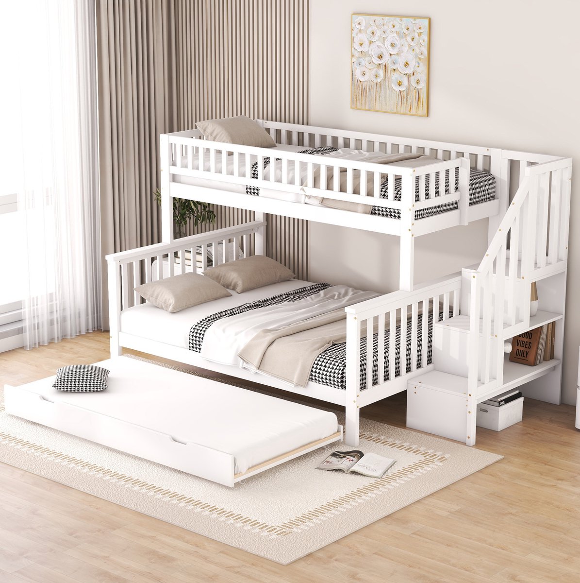 COVREO Stapelbed met uitrolbed en opbergruimte – 253x240x160 cm – Kinderbed met trap en lade – Bed van hout en MDF – Wit - zonder matras