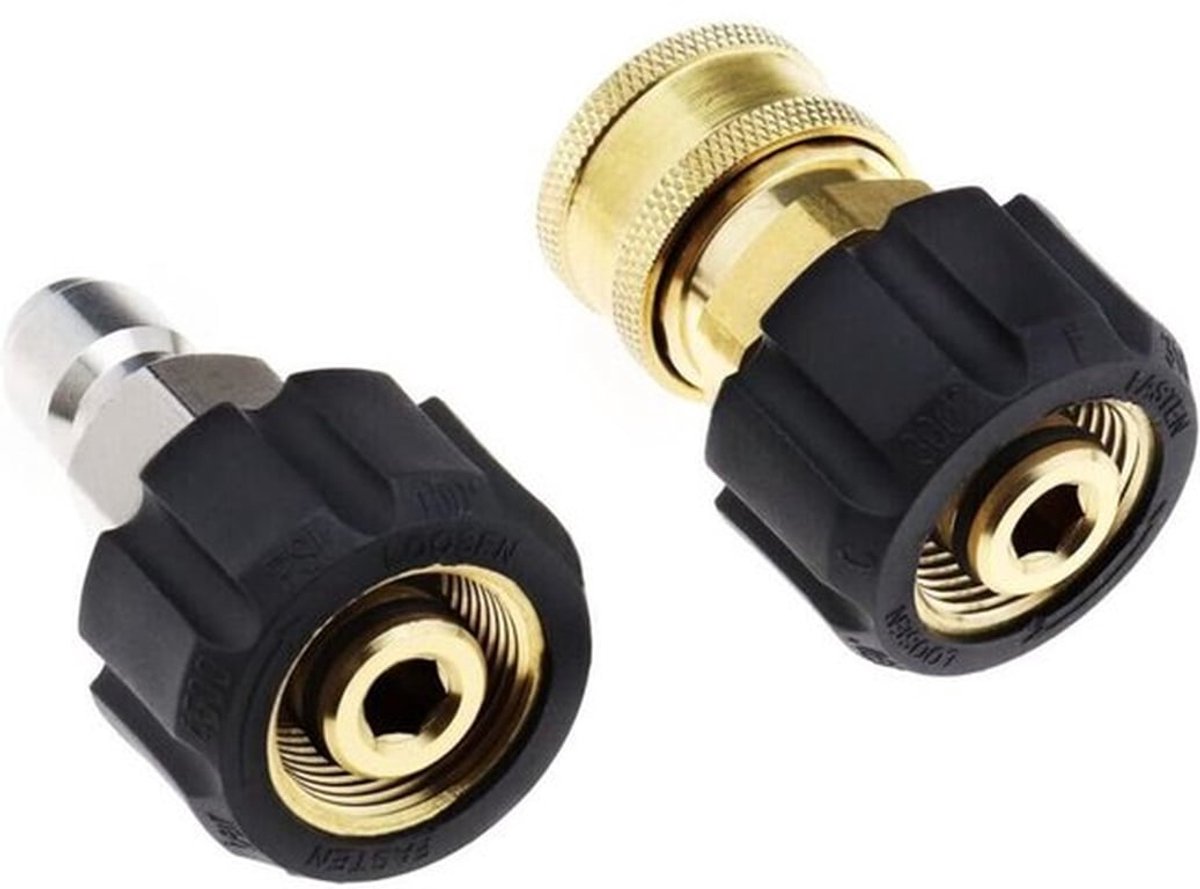 Twee slangkoppelingen geschikt voor hogedrukreinigers: één met binnendraad naar 3/8 inch snelkoppeling en de andere met 3/8 inch snelkoppeling naar M22 14 mm binnendraad.