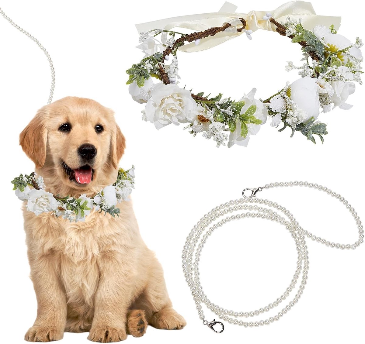 Elegante Hondenhalsband met Bloemen en Parels, Schattige Haarband en Bloemjurk voor Honden, Perfecte Bloemkrans met Strik