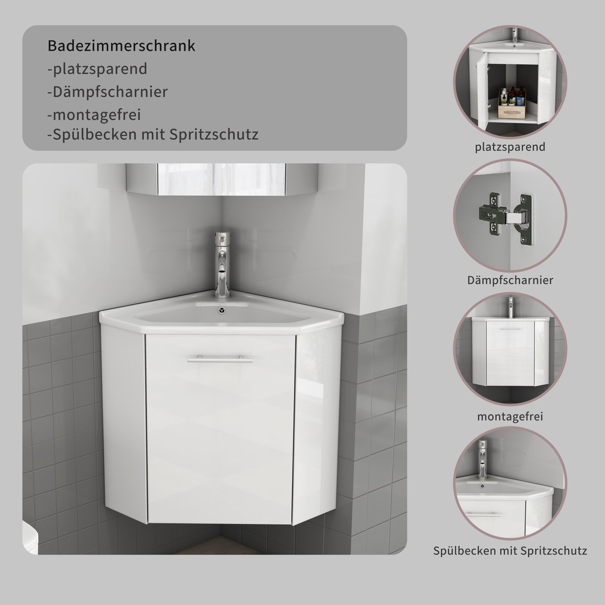 REDOM - Eck-Badezimmerschrank met Hochglanz Keramiek wastafel en Spritzschutz, montagevrij compleet vervaardigd, ruimtebesparend hoekwastafel met metalen grepen en dempende scharnieren