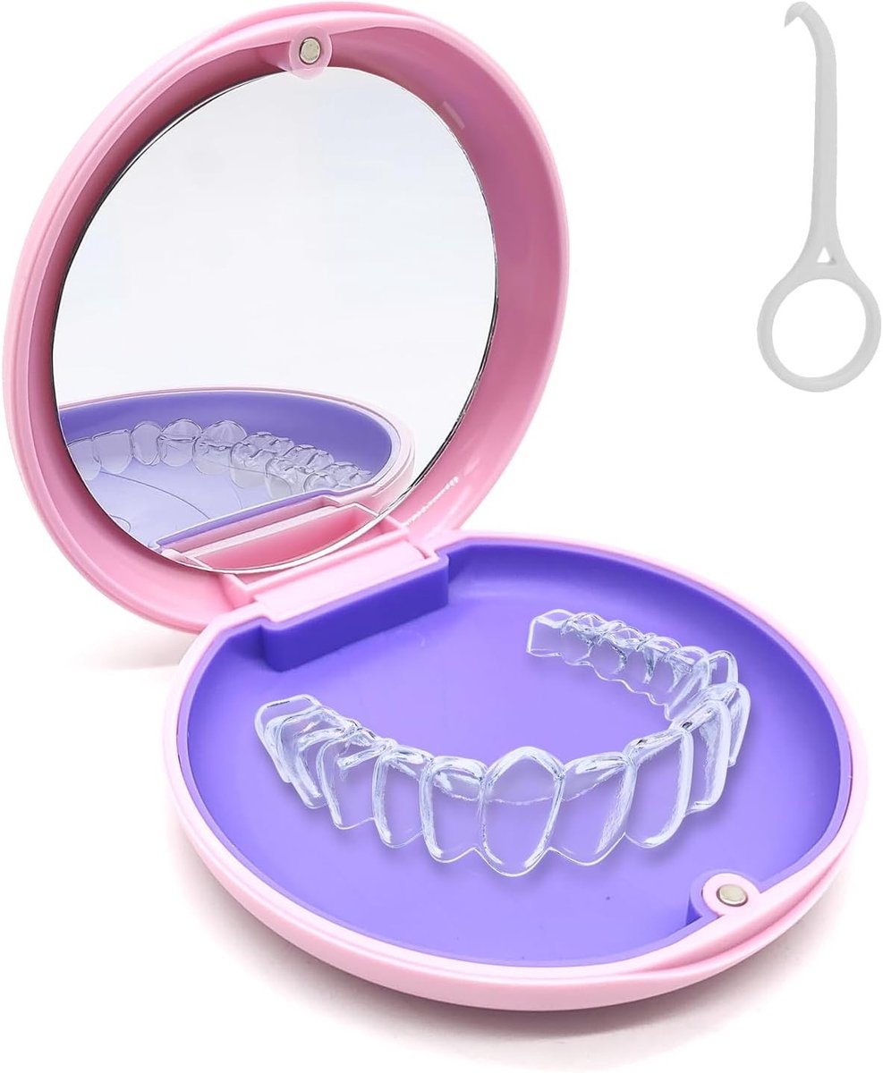 Draagbare Opbergdoos voor Beugels en Mondbeschermers met Spiegel en Verwijdertool - Ideaal voor Orthodontie en Tandheelkunde (Roze)