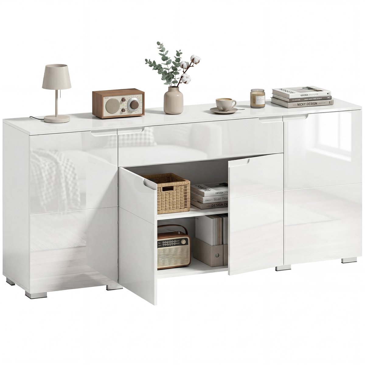 HOMCOM Sideboard-MDF-180L x 40B x 80H cm-Hochglanzweiß