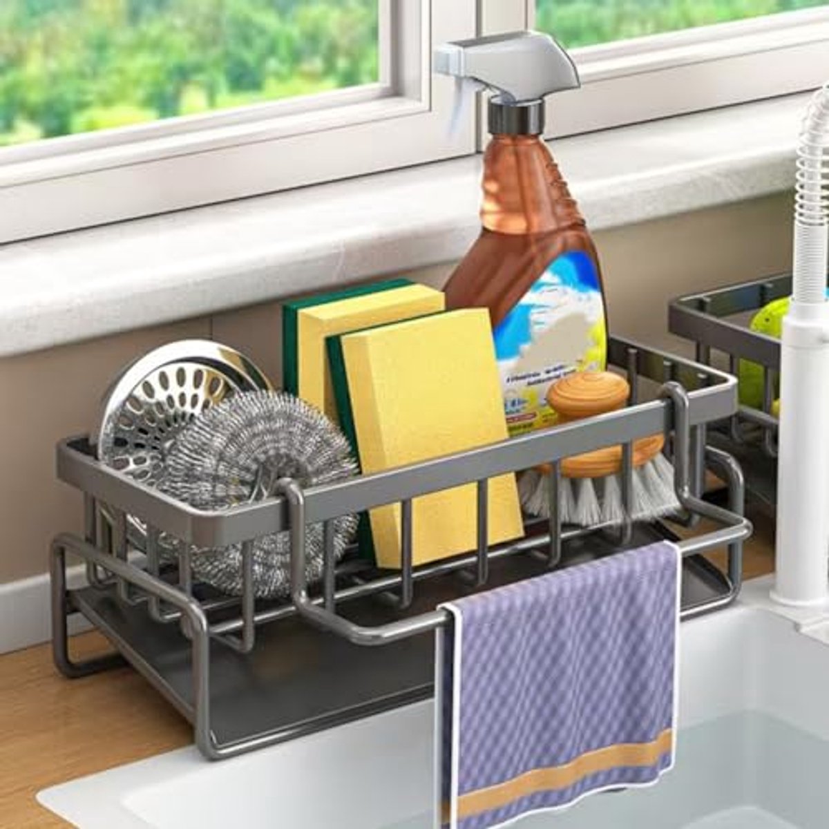1 stuk - keuken opbergrek - Pistoolgrijze kleur - Antislip verbeterd model - Afdruipmand met steunstaaf - Multifunctionele organizer voor bij de gootsteen in de keuken