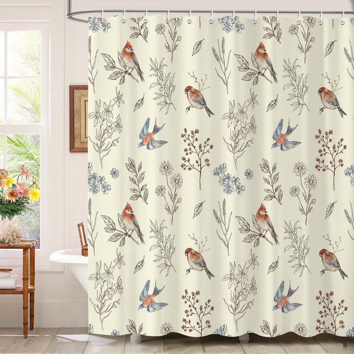 Beige Botanische Douchegordijn 180x180cm, Waterdicht en Schimmelbestendig Polyester met 12 Haakjes voor Badkamerdecoratie
