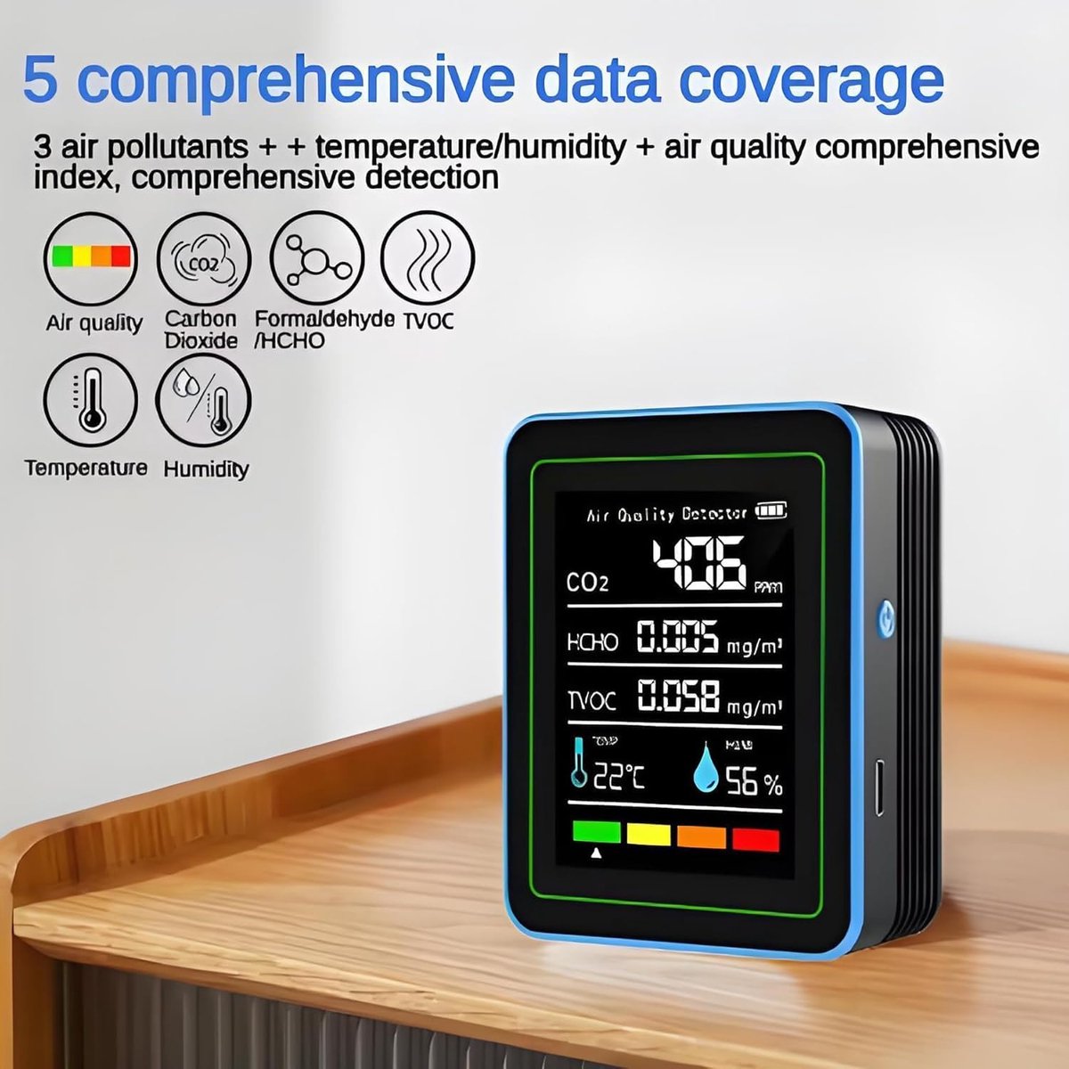 Indoor Luchtkwaliteit Monitor, 5-in-1 Draagbare Smart Luchtkwaliteit Tester voor CO2 | TVOC | HCHO | Temp | Luchtv voor Thuis, Auto's, Planten en Huisdieren, enzovoort