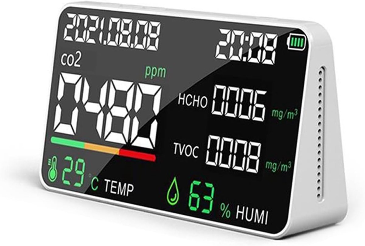 Luchtdeeltjesteller Multifunctionele Luchtkwaliteit Meter CO2 HCHO TVOC Detector Temperatuur Vochtigheid Tester Tijd Datum Display