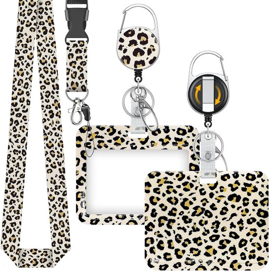 Stijlvolle Badgehouder met Retractable Reel, Carabiner Clip en Afneembare Lanyard voor Werk en Zorgprofessionals - Zwart Luipaardprint — afbeelding 3
