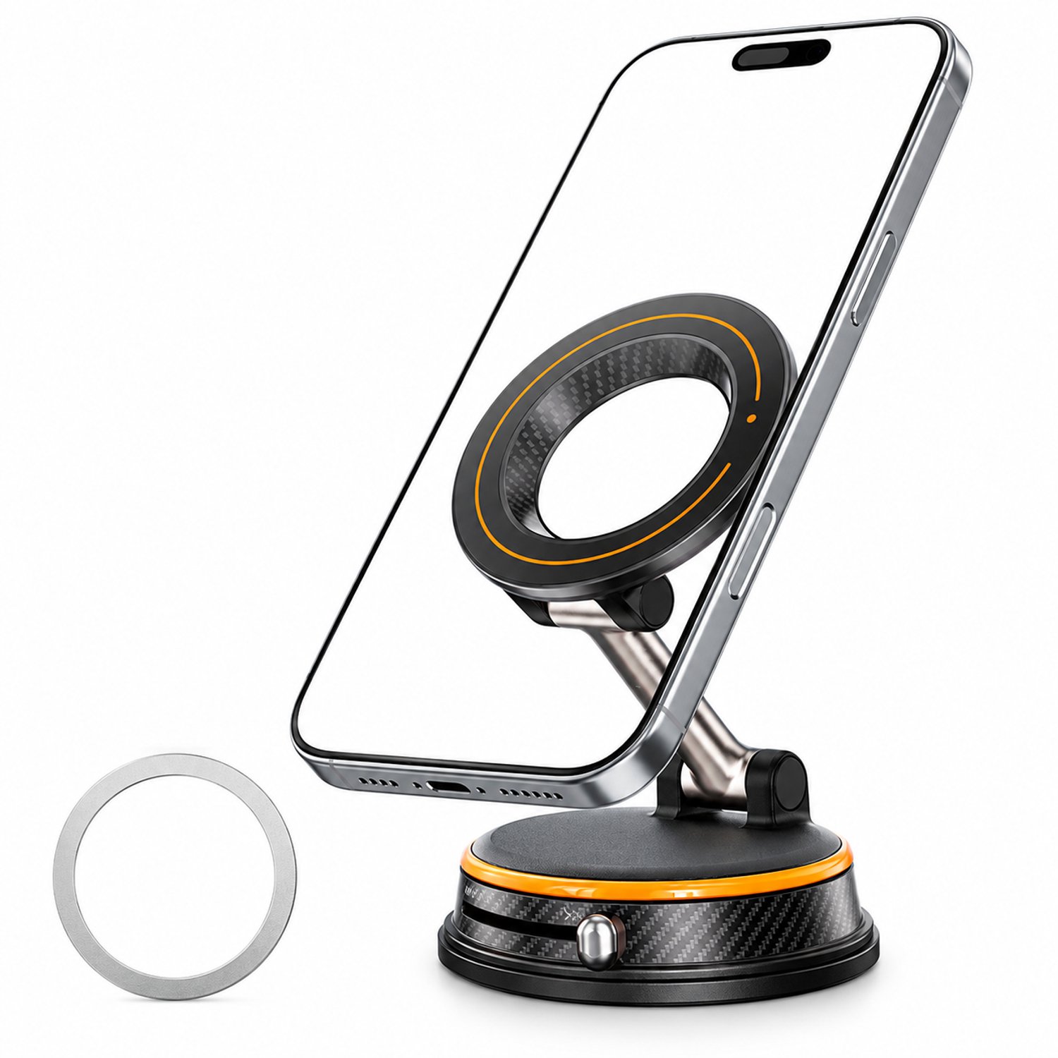 Telefoonhouder met grote zuignap, magnetische bevestiging en uitschuifbare arm voor auto, keuken of bureau, oranje