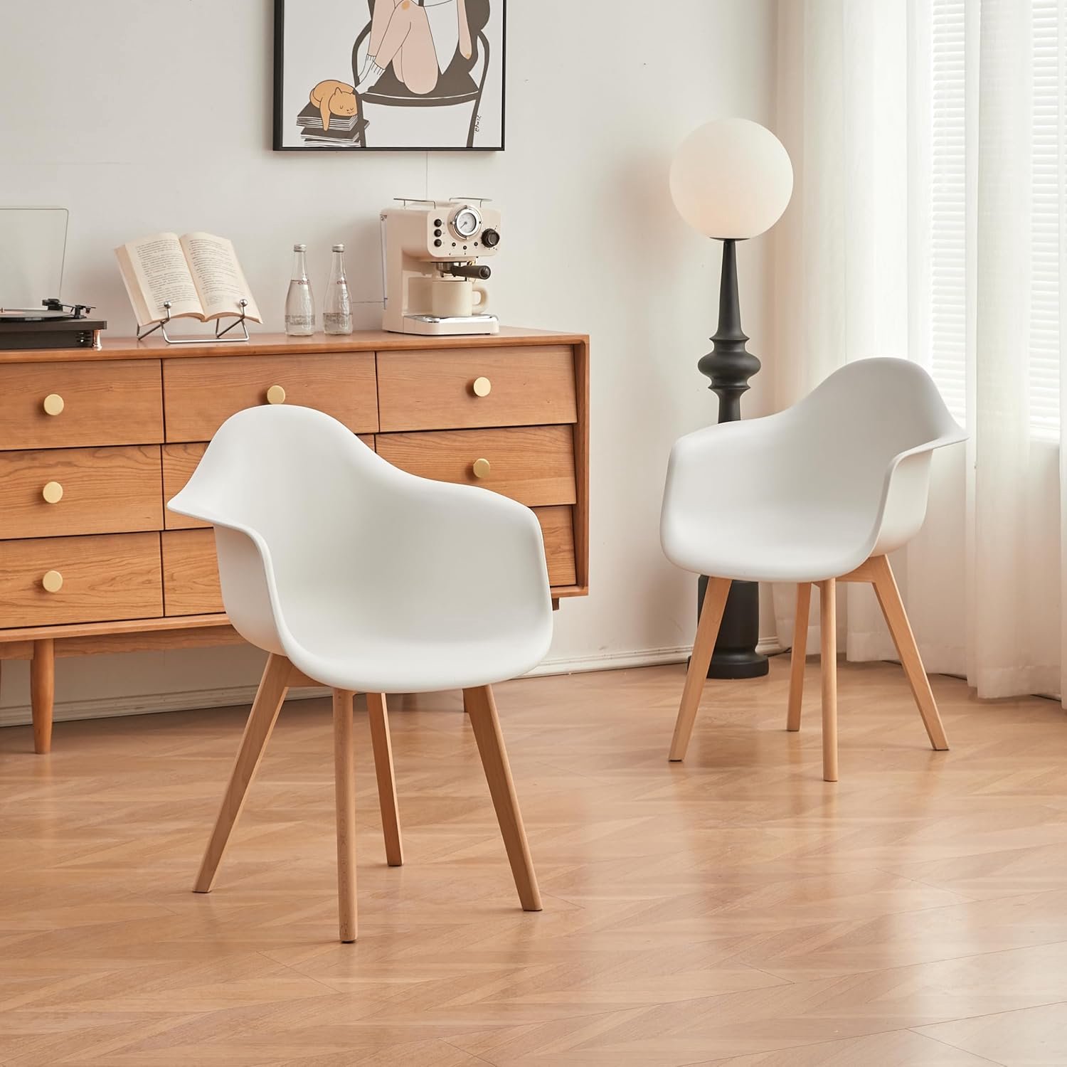 Scandinavische Eetkamerstoelen met Armleuningen Set van 6 – Witte Ergonomische Keukenstoelen met Beukenhouten Poten, Comfortabele Zitting en Moderne Nordic Stijl – 43 x 61,5 x 81,5 cm