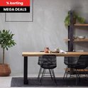 Eikenhouten tafel met zwarte metalen poten, met rieten mand, plant en stoelen, met % korting MEGA DEALS.