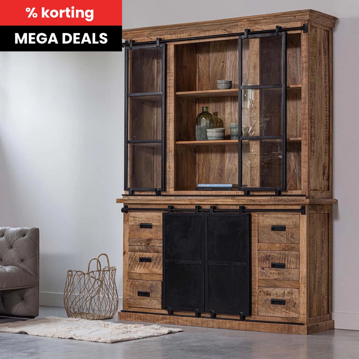 Mangohouten Buffetkast Denver 220×220 cm Recht Mahom Industrieel - Vitrinekast van Mangohout & Metaal - Industriële Buffetkast