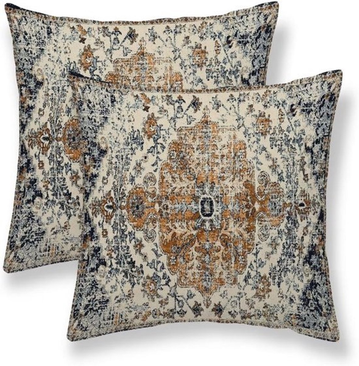 Set van 2 Boho Sierkussenslopen met Etnisch Tapijtpatroon - Goudblauw, Decoratief voor Binnen en Buiten