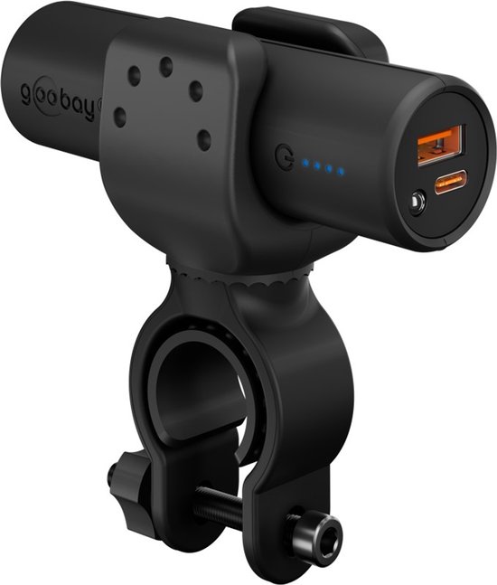 Batterie externe Goobay noire avec fixation au guidon de vélo et 2 ports USB, dont USB-A et USB-C.