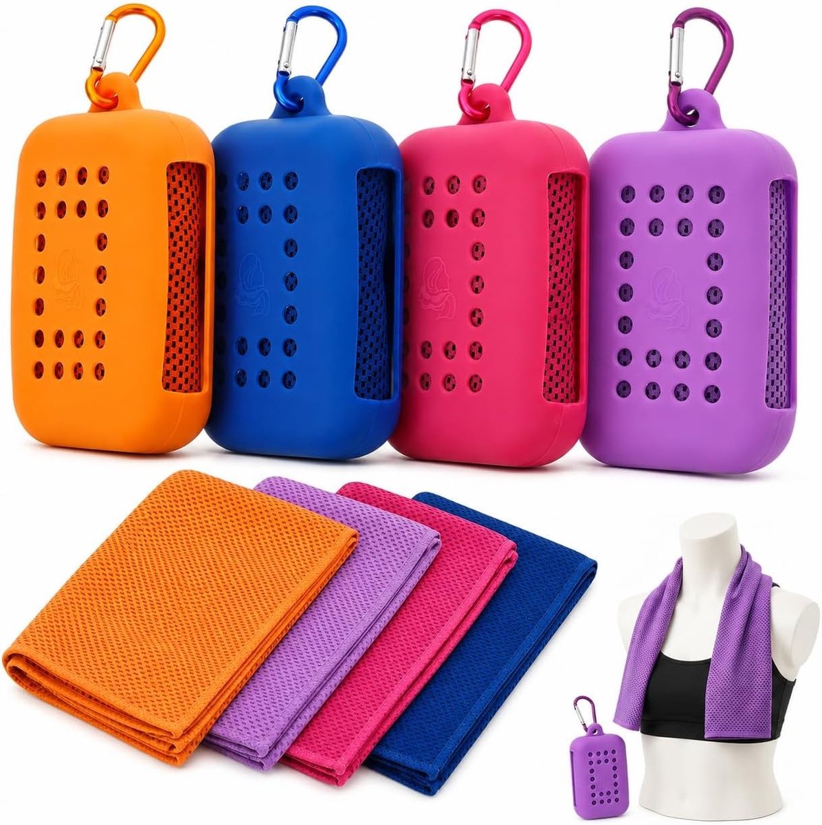 Sneldrogende koelhanddoeken, 4 stuks, met siliconen dozen, microvezel sporthanddoeken voor hardlopen, yoga, fitness en reizen, ademend en huidvriendelijk