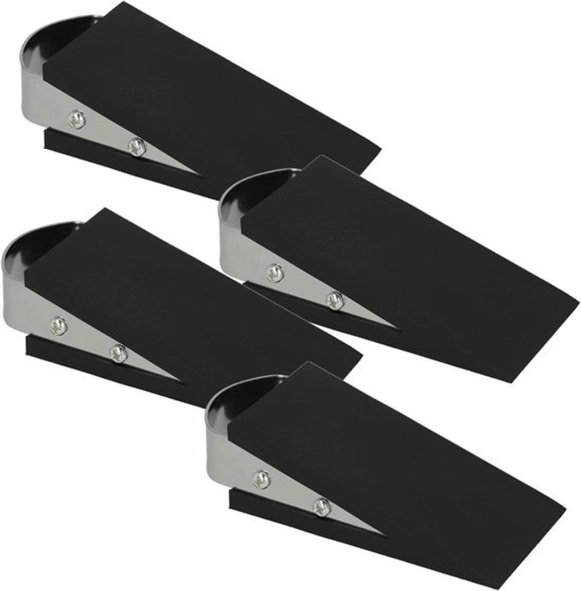 Deurstopper set van 4 in wigvorm antislip rubberen touw met roestvrij stalen handgreep 12x5x3 cm zwart E-19003 00Na aanpassing:Set van 4 deurstoppers in wigvorm antislip rubberen touw met roestvrij stalen handgreep 12x5x3 cm zwart E-19003 00