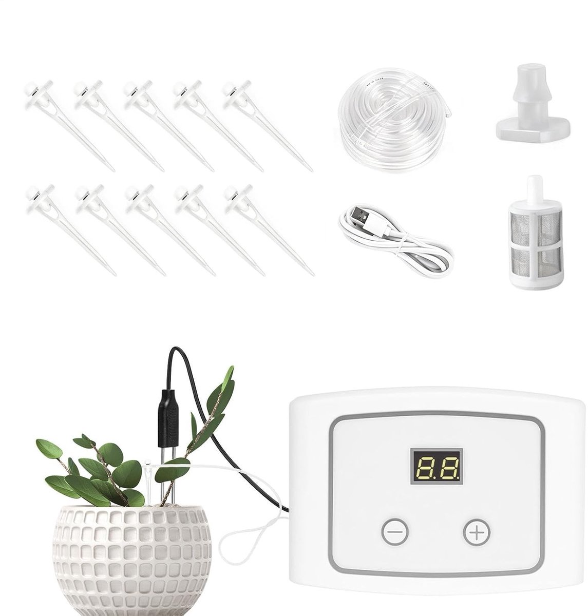 bewateringssysteem, elektrische vochtigheidstester met instelbare waterdebiet, irrigatieset voor binnen, kantoor, terras, kas, kweektent, huis, tuin, appartement
