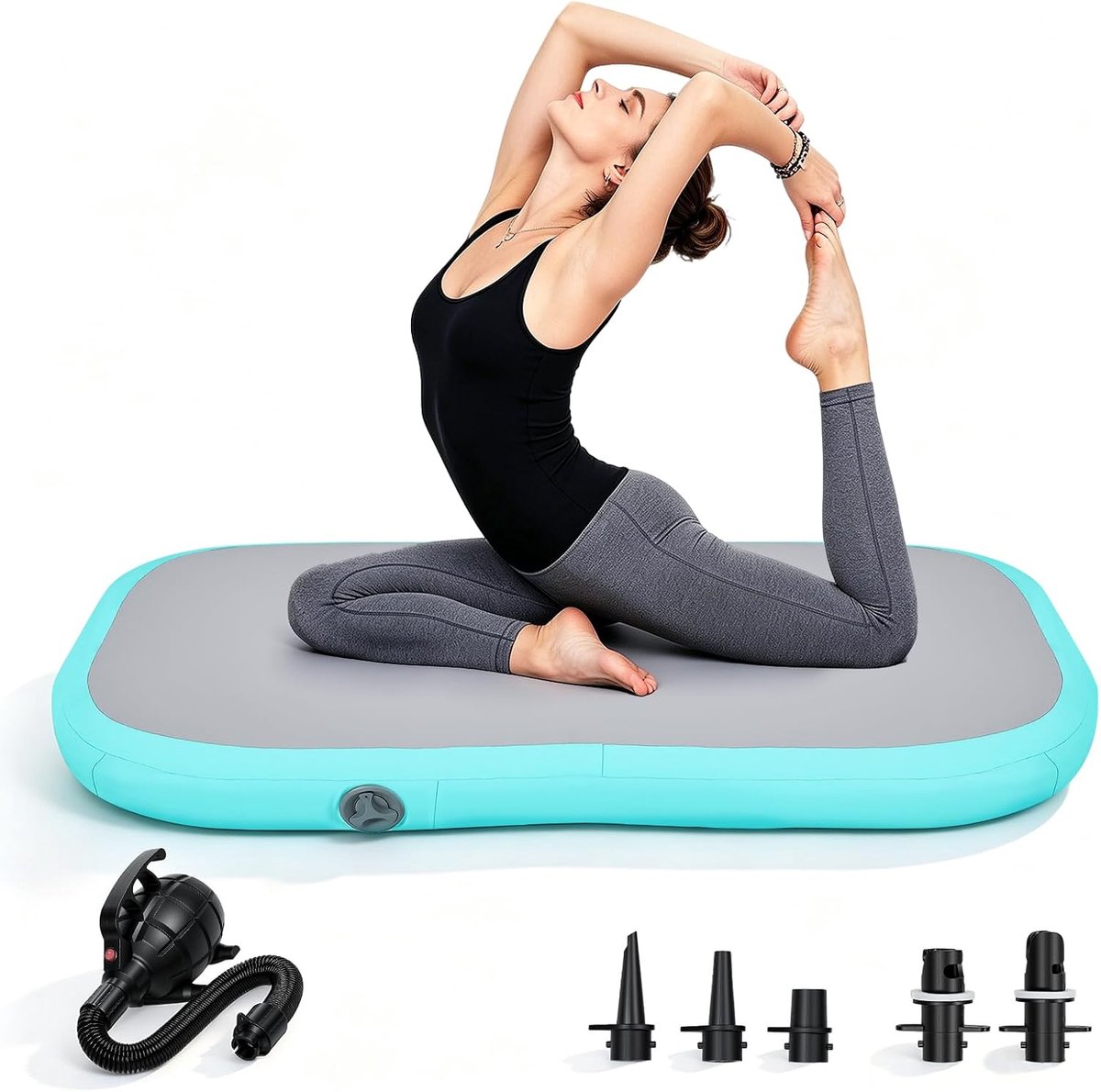 turnmat, 100 × 60 cm, Air Track met pomp, voor gymnastiek | Geurvrije pvc-airblock, dubbel verzegelde naden, luchtmat voor yoga, tumbling en outdoor, snel opblaasbaar
