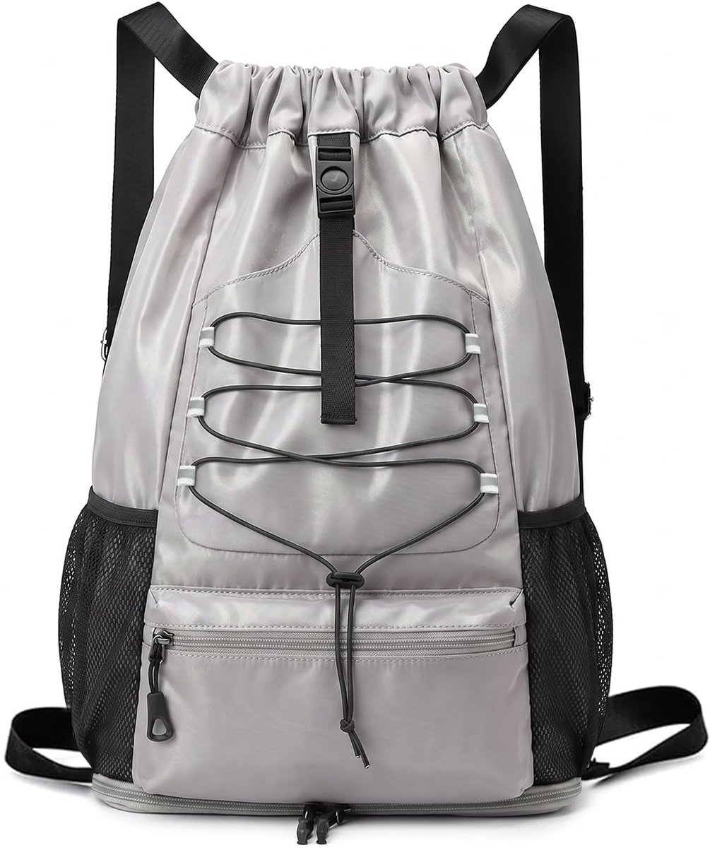 Rugzak met trekkoord, waterdichte grote tas met trekkoord, uniseks sportrugzak voor heren en dames, gymtas voor sport, zwemmen, school, winkelen, reizen, vakanties, Grijs, M, Klassiek