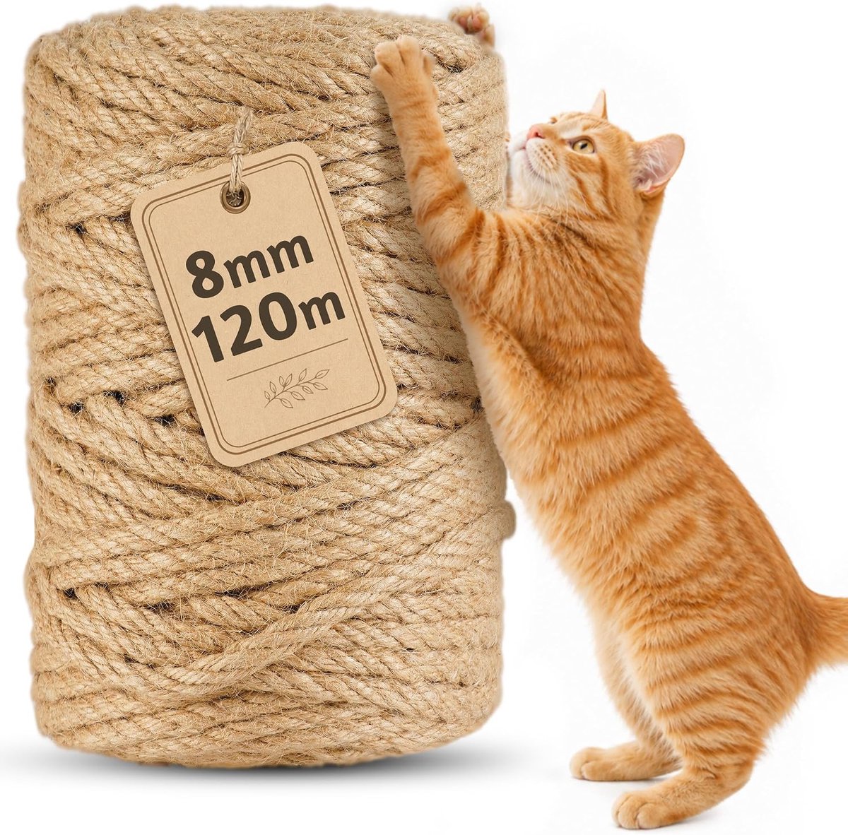 Sisaltouw voor krabpaal, 120 m, 8 mm, koord voor vervanging | Natuurlijk sisal touw voor katten, krabtouw, huishouden, tuin, handwerk, doe-het-zelf, decoratie (120 m x 8 mm)