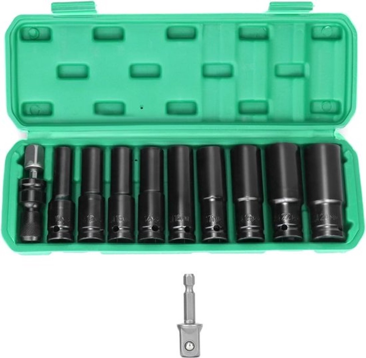 SnelShoppen - 11-delige Impactsleutel Set 1/2 Inch met Socket Adapters 1/4 Inch - Metrische Dopsleutel Set 10-24 mm voor Elektrische en Pneumatische B
