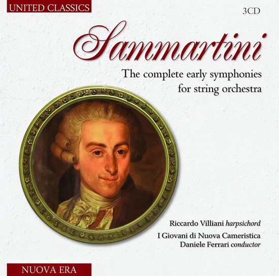 CD-hoes met een portret van Sammartini, "The complete early symphonies for string orchestra", Riccardo Villiani harpsichord, I Giovani di Nuova Cameristica, Daniele Ferrari conductor.