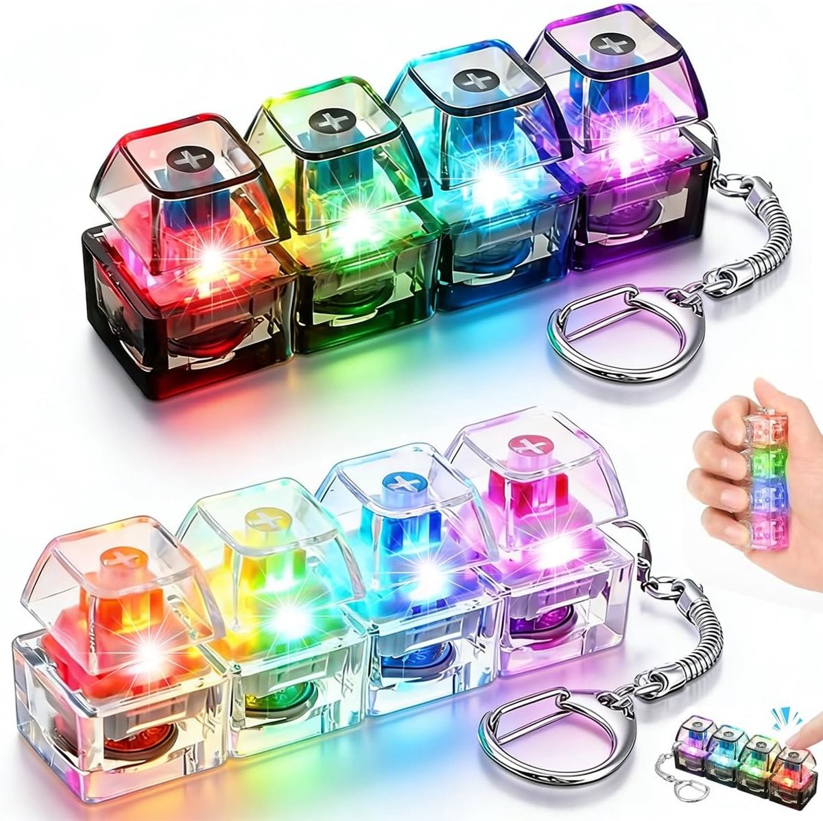 2 stuks fidget-toetsenbordspeelgoed, fidget toys voor volwassenen, mini-toetsenborden met 4 toetsen met ledlicht, grappige clicker, sleutelhanger, stressverminderend speelgoed voor mannen en vrouwen