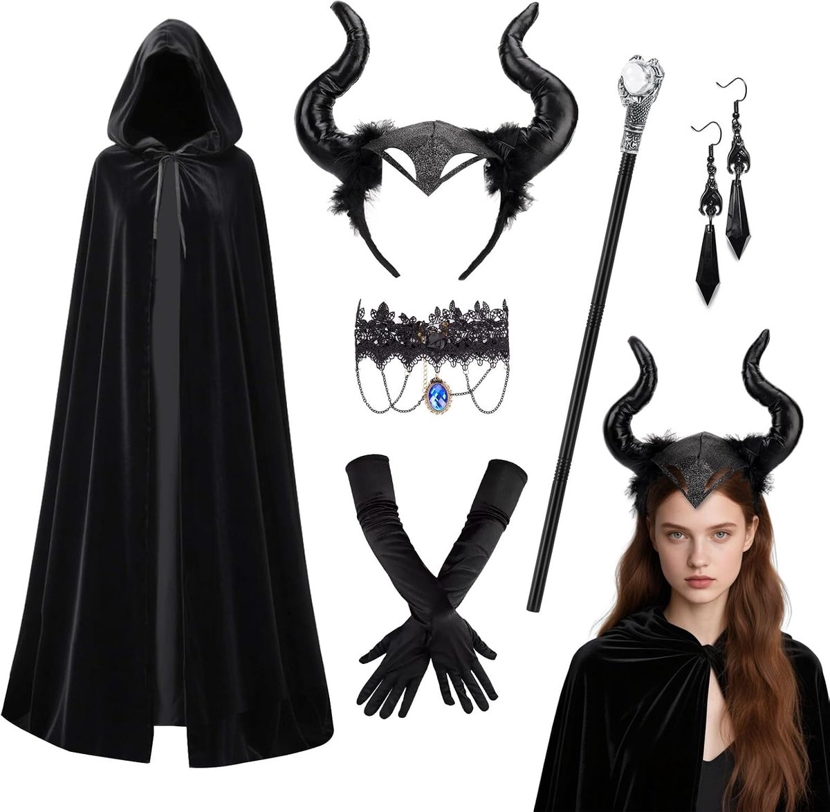 6 stuks duivels kostuum voor dames, duivels scepter cape met capuchon, duivelshoorns gotische hoorns aureool ketting sieraden handschoenen duivelsr kostuum voor jonge meisjes Halloween carnaval