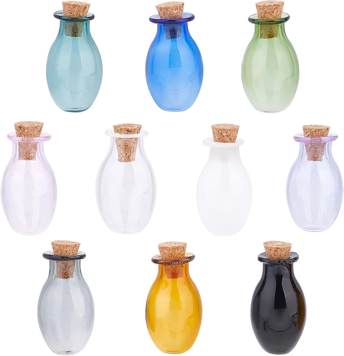 Flessen in 10 kleuren ovale gewenste fles, kleine glazen flessen, schattige flessen met kurk, drijvende fles voor bruiloftsfeest, decoratie, kunst en doe-het-zelf handwerk, 0,5 ml