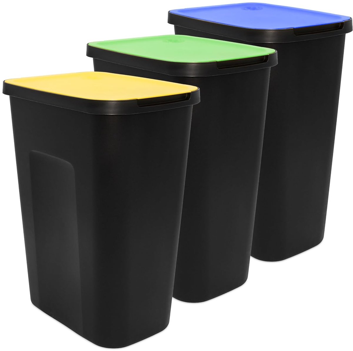 Set van 3 zwarte afvalemmers met gekleurd scharnierdeksel, 35 l, afvalscheidingssysteem voor biologisch afval, kunststof gerecycled papier, afvalrecyclingsysteem