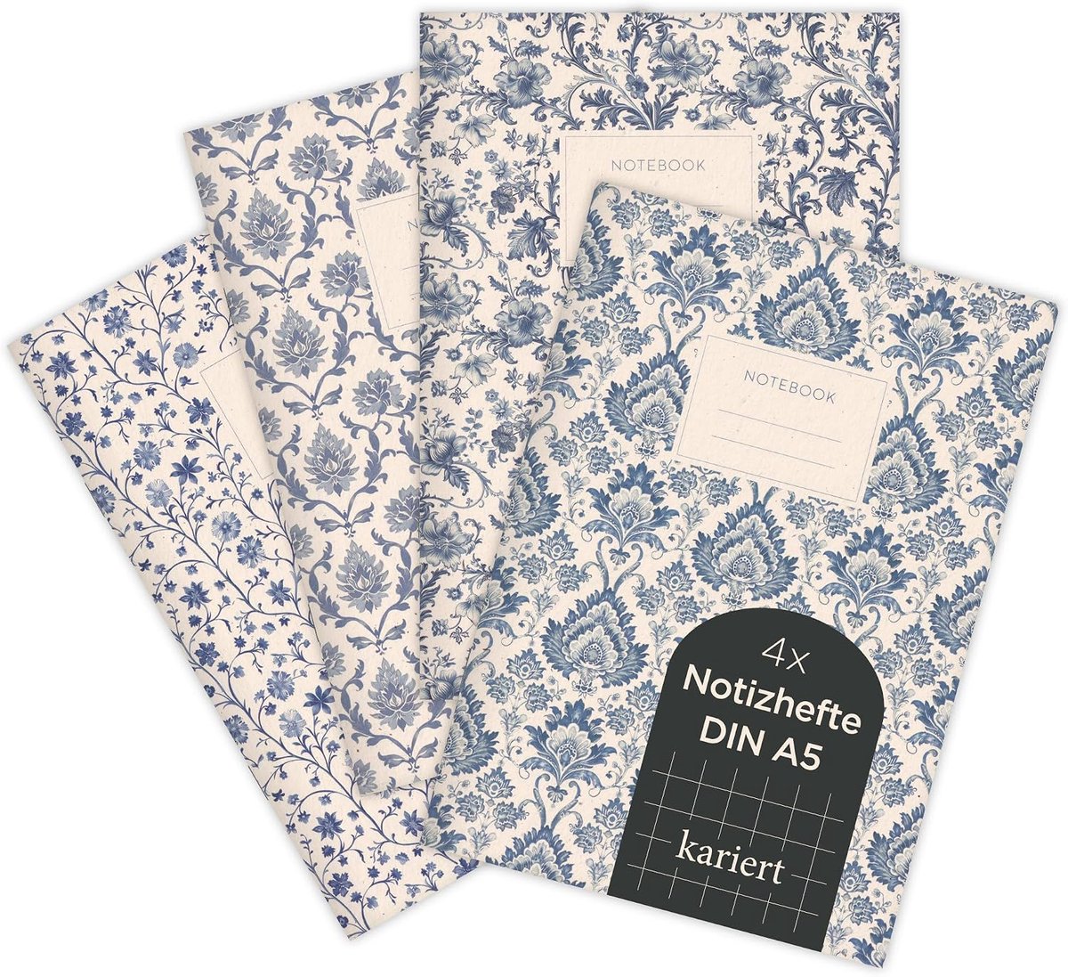 1073 Set van 4 notitieboeken, A5, ornamenten, bloemen- en damastpatronen, voor notities, schetsen, bullet journal en planning, geruit