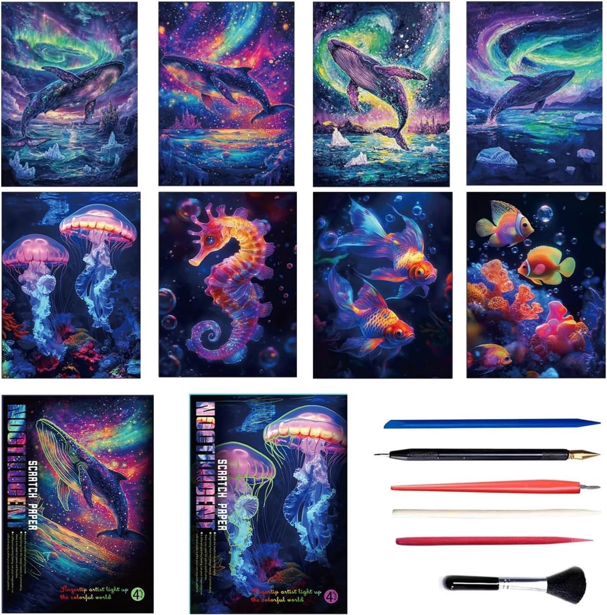 Krasschilderen, 8 stuks, regenboog krasschilderij, wordt gebruikt voor graffiti, tekenen, schilderen en kan je slaapkamer, woonkamer, eetkamer, kantoor versieren (31,5 x 21,4 cm)