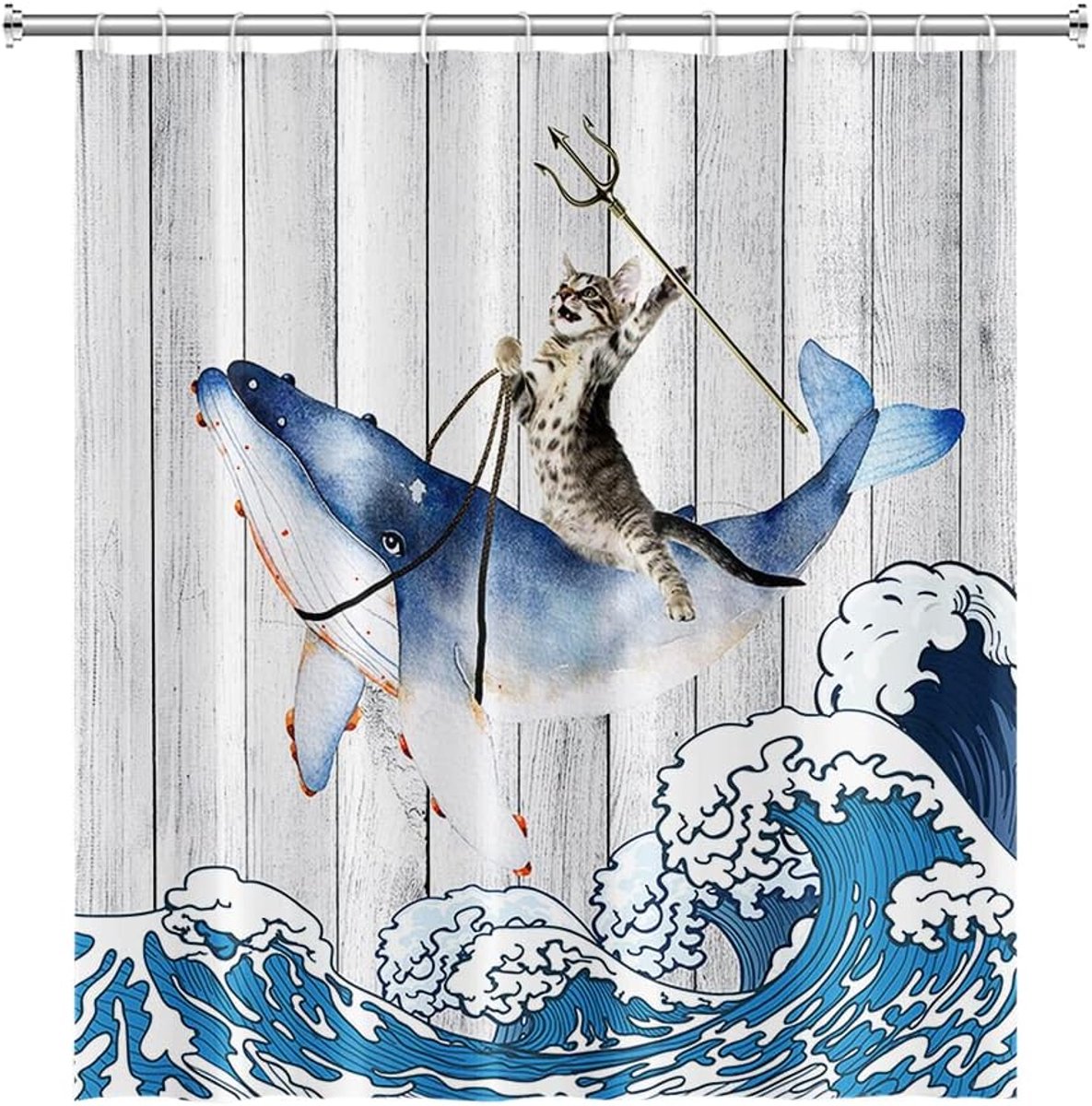 180 x 180 cm Grappige Kat Rijden Walvis Douchegordijn Vintage Japanse Houten Vloer Zee Oceaan Golf Badgordijn Leuke Cartoon Badgordijn voor Kinderen