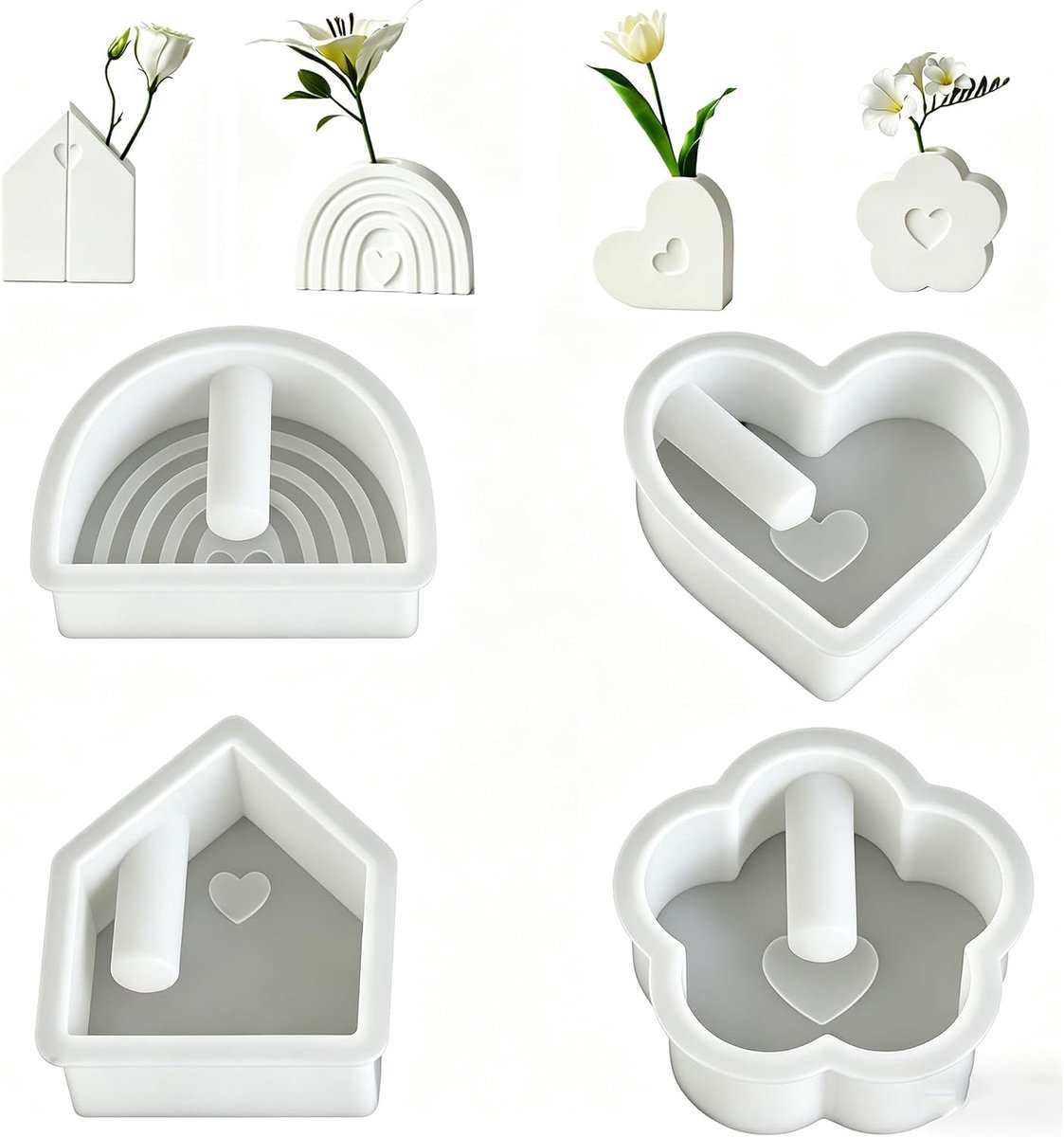 4 stuks siliconen vormen van epoxyhars voor bloemenvorm, hart, huis, regenboog, kandelaar, mini-kaarsenhouder voor kaarsen, epoxy en gips, doe-het-zelf