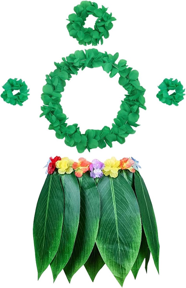 5 stuks blad Hula rok en Hawaïaanse ranset, hoelahork + bloemenhoofdband + 2 bloemenarmband + halsketting slinger, Hula Luau feestkostuum voor vrouwen meisjes