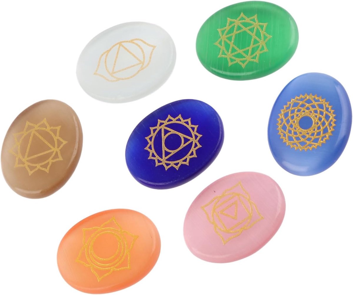 Stone Set 7pcs gegraveerde spirituele genezingsmeditatie Palmstenen Reiki Chakra Crystal Stones voor genezende meditatie Yoga Reiki -praktijk gemaakt van rode Jaspe