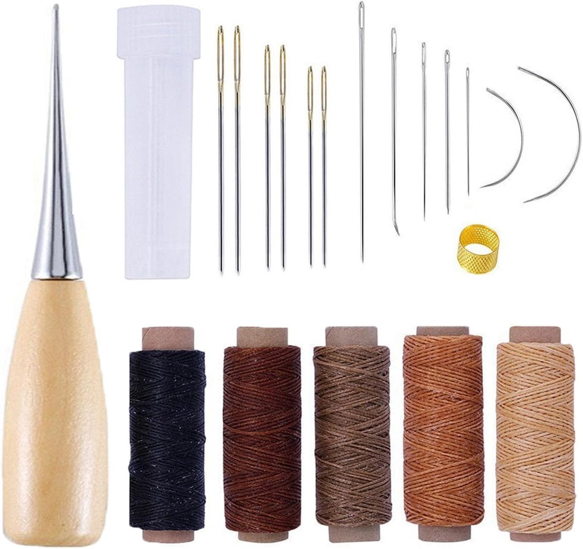 Lederen naaiset, 21-delig, reparatieset van leer, naaigereedschap van leer, met zwart gewaxt garen, bruin, banken en bekleding, doe-het-zelf en ambachtslieden