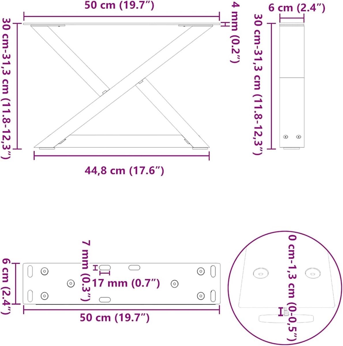 Poten, 2 stuks, robuuste stalen constructie met voorgeboorde houders, antraciet, 50 cm breed × tot 31,3 cm hoog, voor individuele salontafels