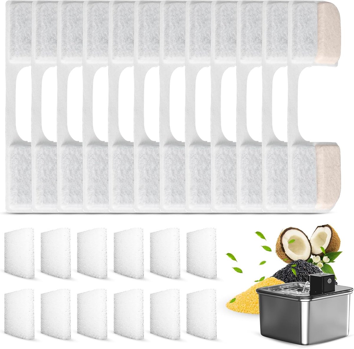 24 stuks navulverpakking filters voor kattenfonteinen, reservesponsfilter voor dierendrankfontein, compatibel met 3,2 l draadloze kattenfontein (FN-W17), bevat 12 actieve koolfilterpatronen en 12