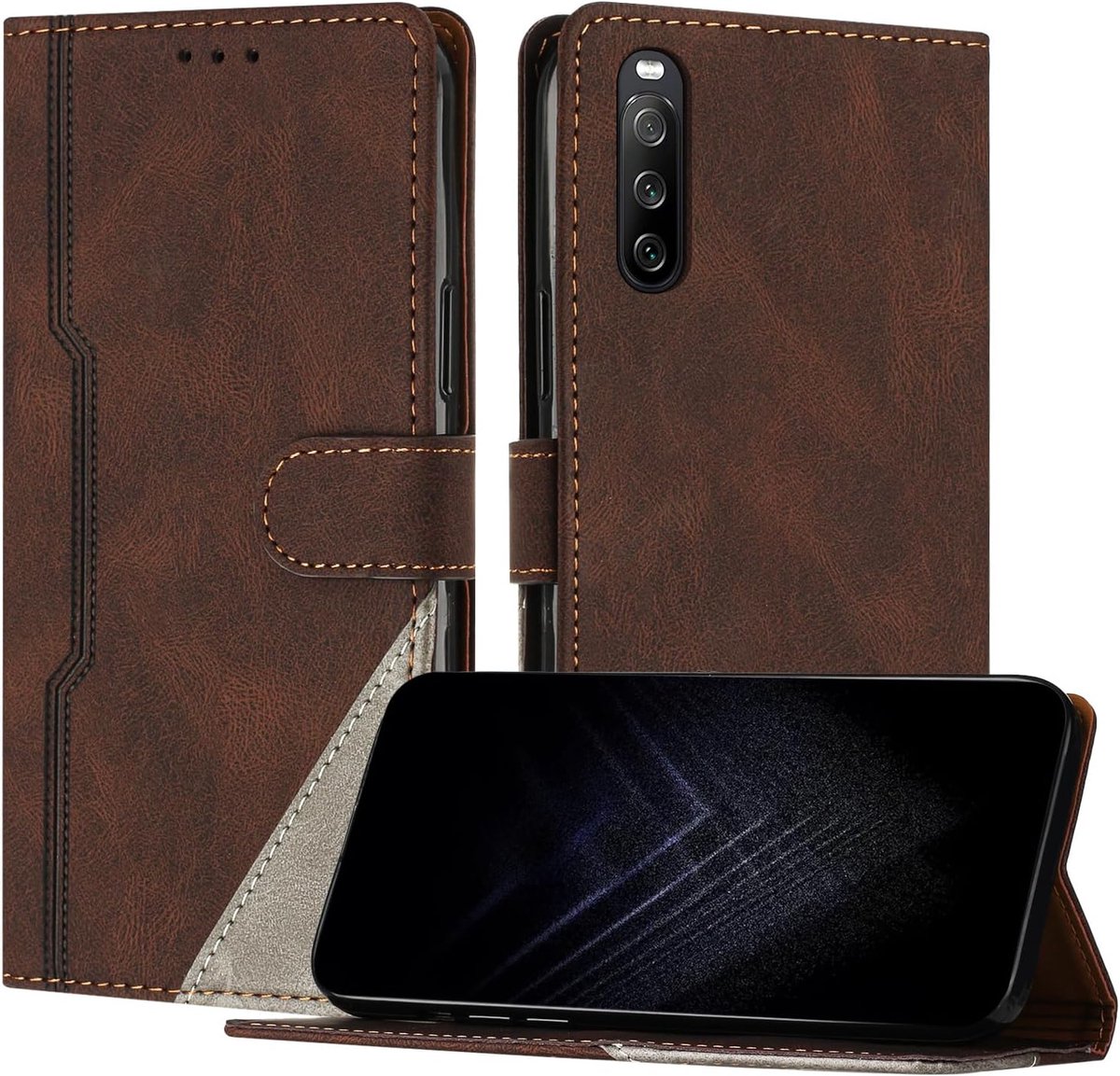 Hoesje voor Sony Xperia 10 V 2023, leren hoes met standaardfunctie en magneetsluiting schokbestendig Kaarthouder (Bruin)
