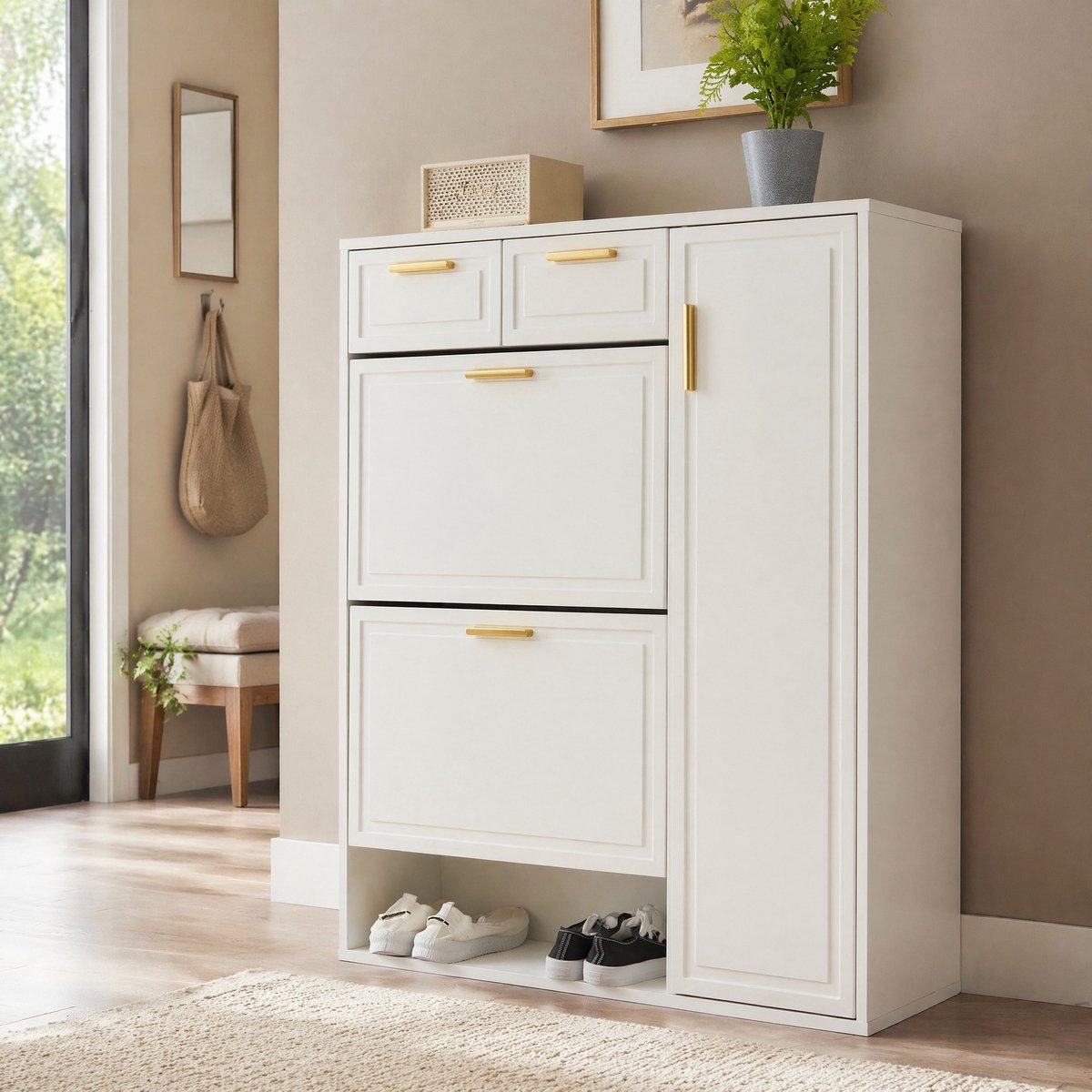 MEUNIQ Moderne schoenenkast 95 x 24 x 107,5 cm met 2 lades, klapvakken, verstelbare planken, deuren en gouden metalen handgrepen – wit voor hal